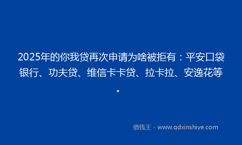 2025年的你我贷再次申请为啥被拒有：平安口袋银行、功夫贷、维信卡卡贷、拉卡拉、安逸花等。