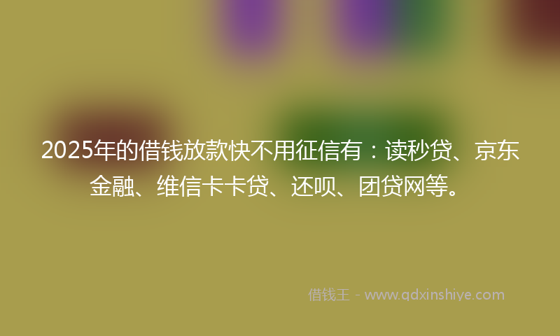 2025年的借钱放款快不用征信有：读秒贷、京东金融、维信卡卡贷、还呗、团贷网等。