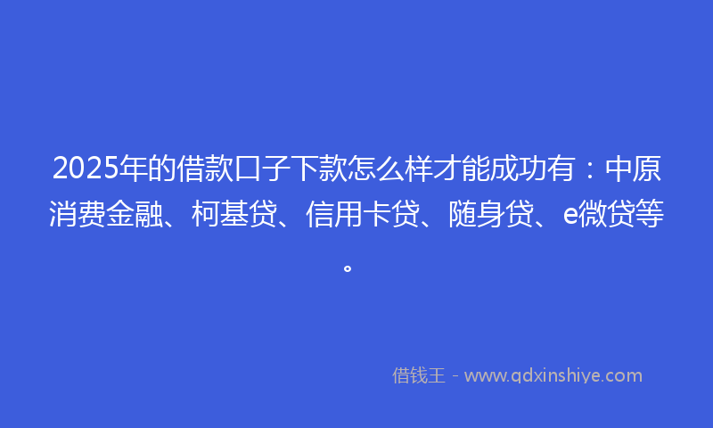 2025年的借款口子下款怎么样才能成功有：中原消费金融、柯基贷、信用卡贷、随身贷、e微贷等。