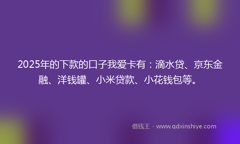 2025年的下款的口子我爱卡有：滴水贷、京东金融、洋钱罐、小米贷款、小花钱包等。