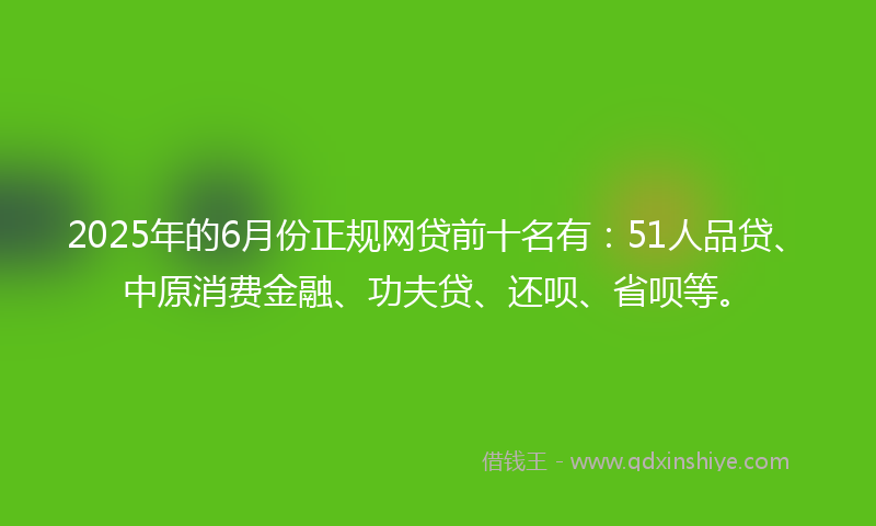 2025年的6月份正规网贷前十名有：51人品贷、中原消费金融、功夫贷、还呗、省呗等。