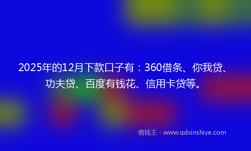 2025年的12月下款口子有：360借条、你我贷、功夫贷、百度有钱花、信用卡贷等。