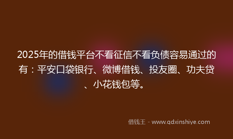 2025年的借钱平台不看征信不看负债容易通过的有：平安口袋银行、微博借钱、投友圈、功夫贷、小花钱包等。