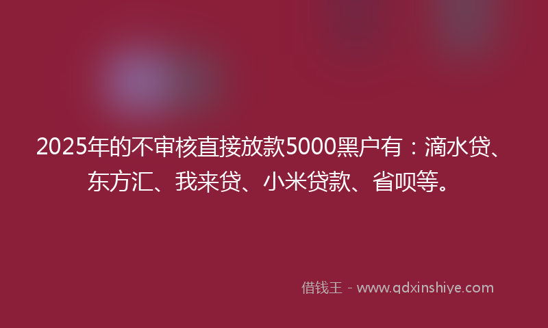 2025年的不审核直接放款5000黑户有：滴水贷、东方汇、我来贷、小米贷款、省呗等。
