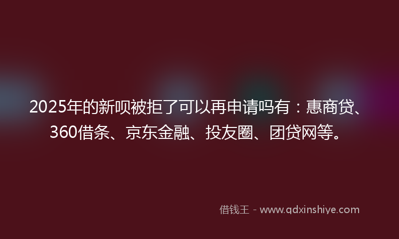 2025年的新呗被拒了可以再申请吗有：惠商贷、360借条、京东金融、投友圈、团贷网等。