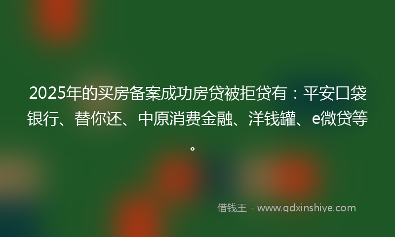 2025年的买房备案成功房贷被拒贷有：平安口袋银行、替你还、中原消费金融、洋钱罐、e微贷等。
