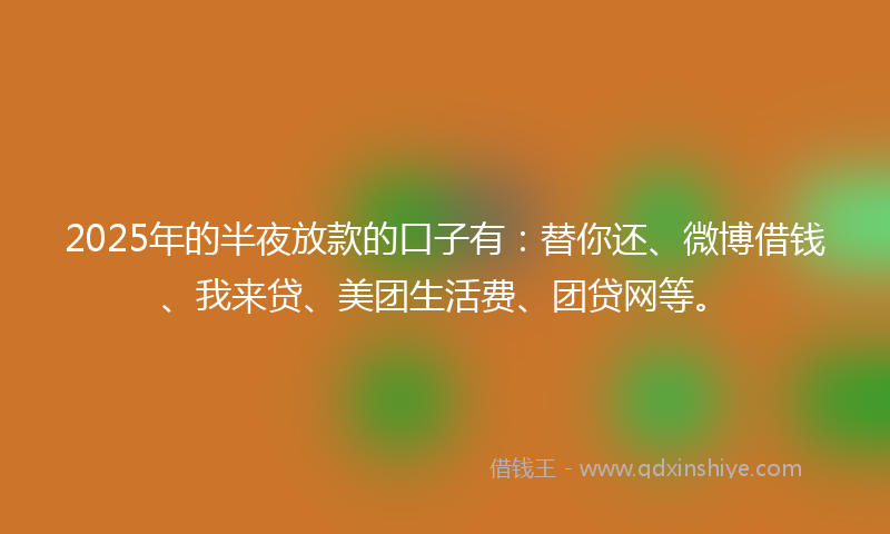 2025年的半夜放款的口子有：替你还、微博借钱、我来贷、美团生活费、团贷网等。