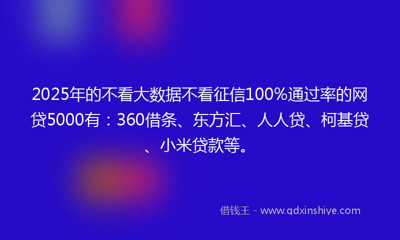 2025年的不看大数据不看征信100%通过率的网贷5000有：360借条、东方汇、人人贷、柯基贷、小米贷款等。