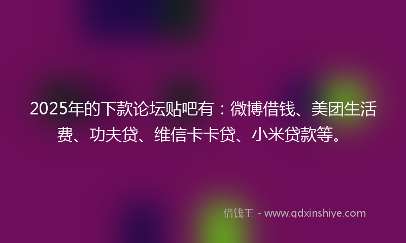 2025年的下款论坛贴吧有：微博借钱、美团生活费、功夫贷、维信卡卡贷、小米贷款等。