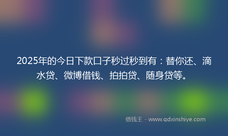 2025年的今日下款口子秒过秒到有：替你还、滴水贷、微博借钱、拍拍贷、随身贷等。