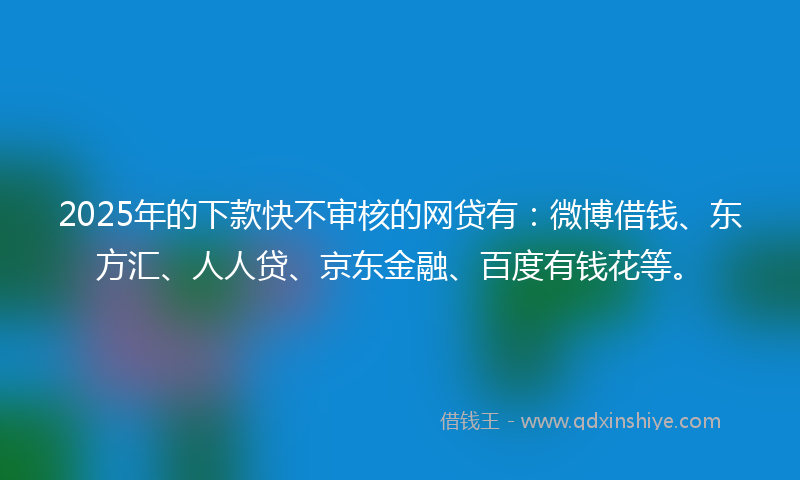 2025年的下款快不审核的网贷有：微博借钱、东方汇、人人贷、京东金融、百度有钱花等。