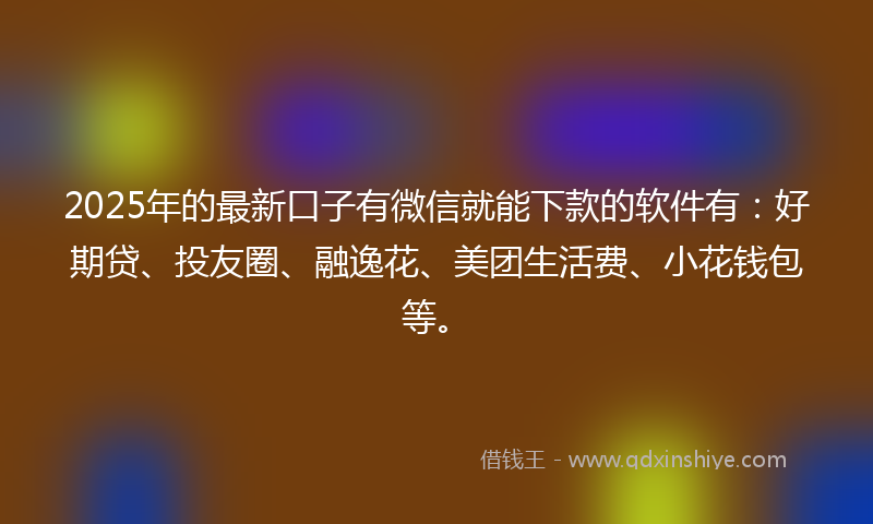 2025年的最新口子有微信就能下款的软件有：好期贷、投友圈、融逸花、美团生活费、小花钱包等。
