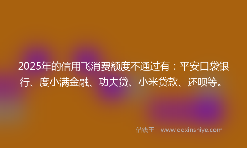 2025年的信用飞消费额度不通过有：平安口袋银行、度小满金融、功夫贷、小米贷款、还呗等。