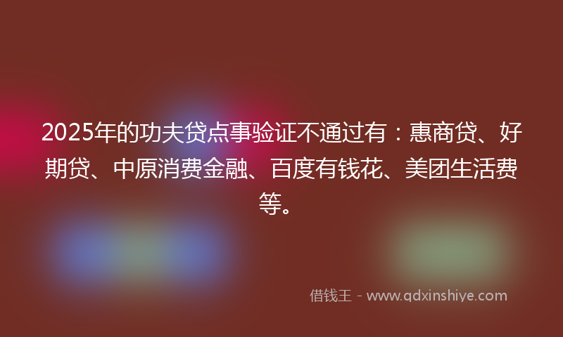 2025年的功夫贷点事验证不通过有：惠商贷、好期贷、中原消费金融、百度有钱花、美团生活费等。