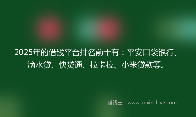 2025年的借钱平台排名前十有：平安口袋银行、滴水贷、快贷通、拉卡拉、小米贷款等。