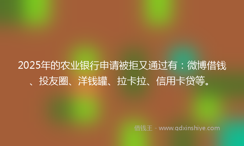 2025年的农业银行申请被拒又通过有：微博借钱、投友圈、洋钱罐、拉卡拉、信用卡贷等。