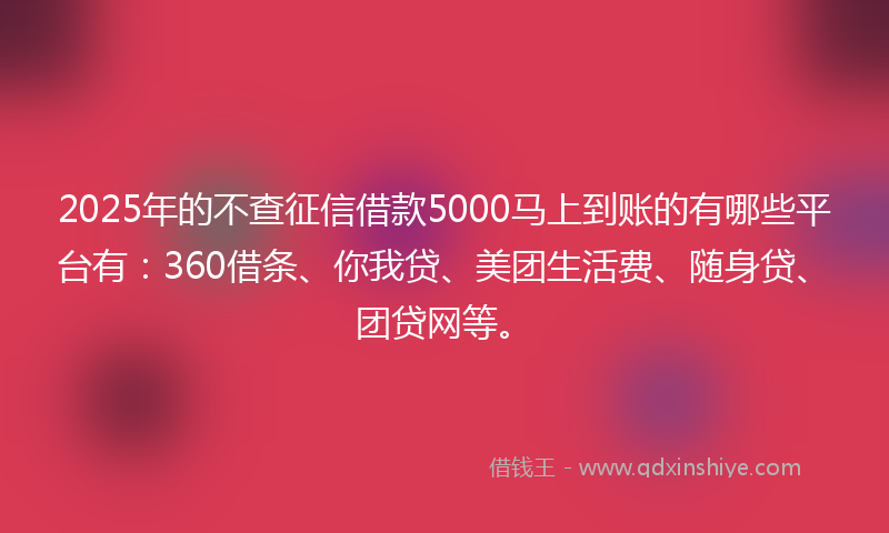 2025年的不查征信借款5000马上到账的有哪些平台有：360借条、你我贷、美团生活费、随身贷、团贷网等。