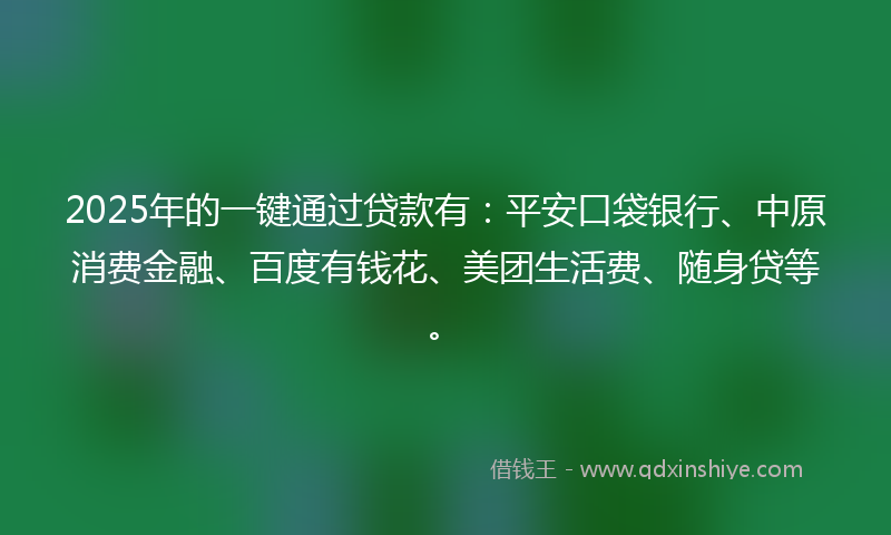 2025年的一键通过贷款有：平安口袋银行、中原消费金融、百度有钱花、美团生活费、随身贷等。