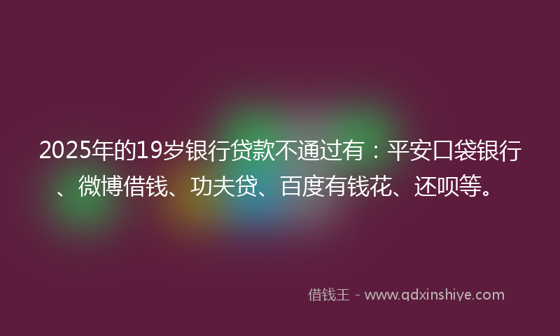 2025年的19岁银行贷款不通过有：平安口袋银行、微博借钱、功夫贷、百度有钱花、还呗等。