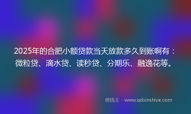 2025年的合肥小额贷款当天放款多久到账啊有：微粒贷、滴水贷、读秒贷、分期乐、融逸花等。