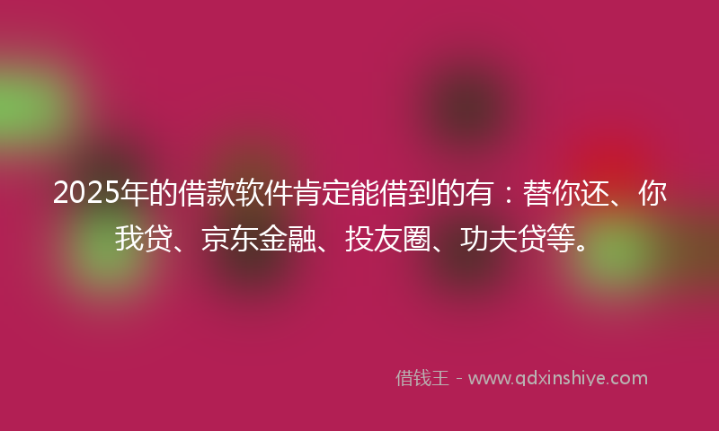 2025年的借款软件肯定能借到的有：替你还、你我贷、京东金融、投友圈、功夫贷等。