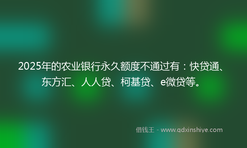 2025年的农业银行永久额度不通过有：快贷通、东方汇、人人贷、柯基贷、e微贷等。