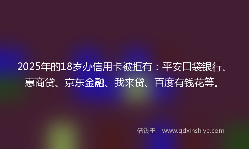 2025年的18岁办信用卡被拒有：平安口袋银行、惠商贷、京东金融、我来贷、百度有钱花等。