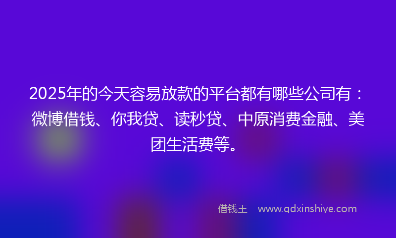 2025年的今天容易放款的平台都有哪些公司有：微博借钱、你我贷、读秒贷、中原消费金融、美团生活费等。