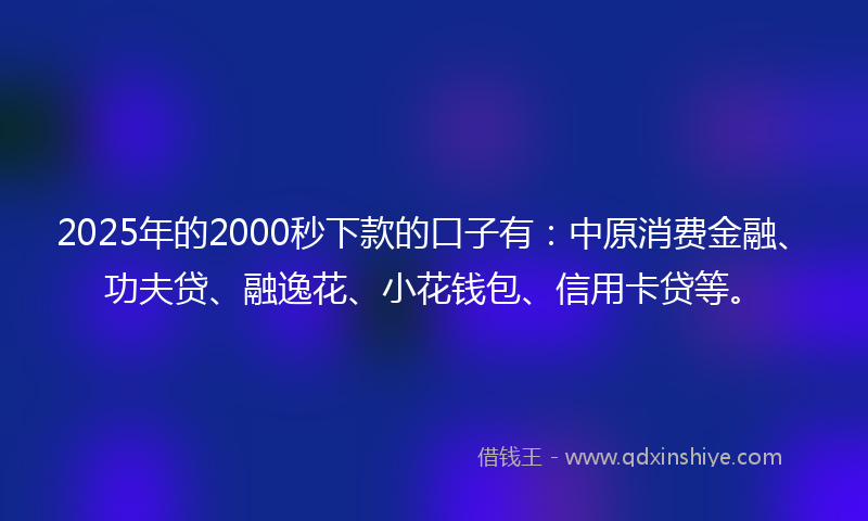2025年的2000秒下款的口子有：中原消费金融、功夫贷、融逸花、小花钱包、信用卡贷等。