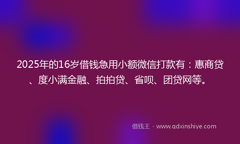 2025年的16岁借钱急用小额微信打款有：惠商贷、度小满金融、拍拍贷、省呗、团贷网等。