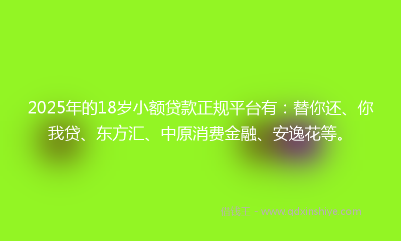 2025年的18岁小额贷款正规平台有：替你还、你我贷、东方汇、中原消费金融、安逸花等。