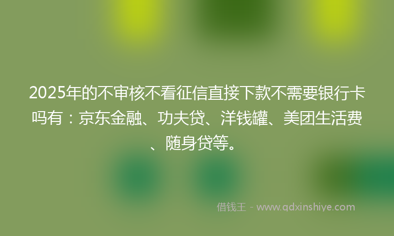 2025年的不审核不看征信直接下款不需要银行卡吗有：京东金融、功夫贷、洋钱罐、美团生活费、随身贷等。