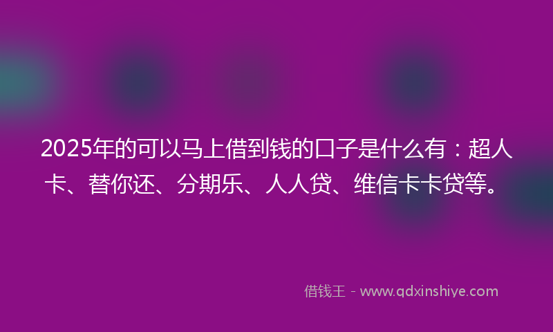 2025年的可以马上借到钱的口子是什么有：超人卡、替你还、分期乐、人人贷、维信卡卡贷等。
