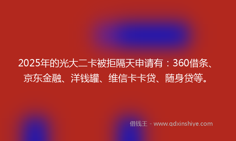 2025年的光大二卡被拒隔天申请有：360借条、京东金融、洋钱罐、维信卡卡贷、随身贷等。