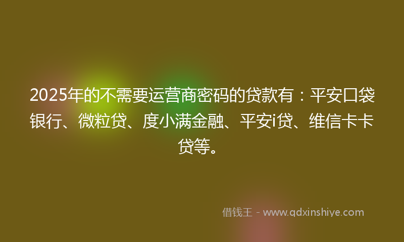 2025年的不需要运营商密码的贷款有：平安口袋银行、微粒贷、度小满金融、平安i贷、维信卡卡贷等。