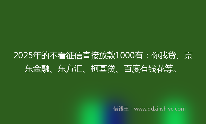 2025年的不看征信直接放款1000有：你我贷、京东金融、东方汇、柯基贷、百度有钱花等。