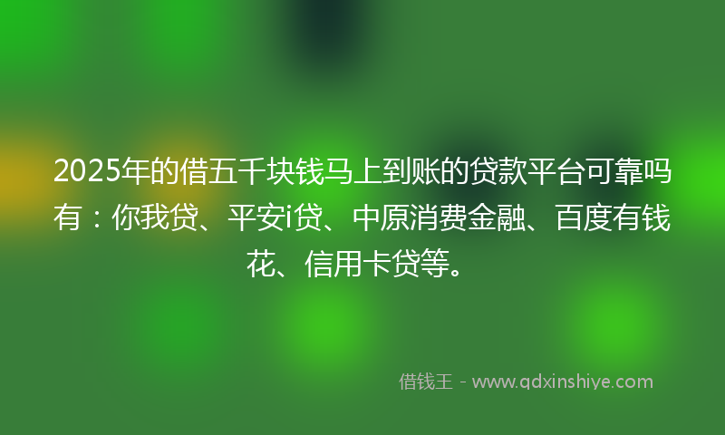 2025年的借五千块钱马上到账的贷款平台可靠吗有：你我贷、平安i贷、中原消费金融、百度有钱花、信用卡贷等。