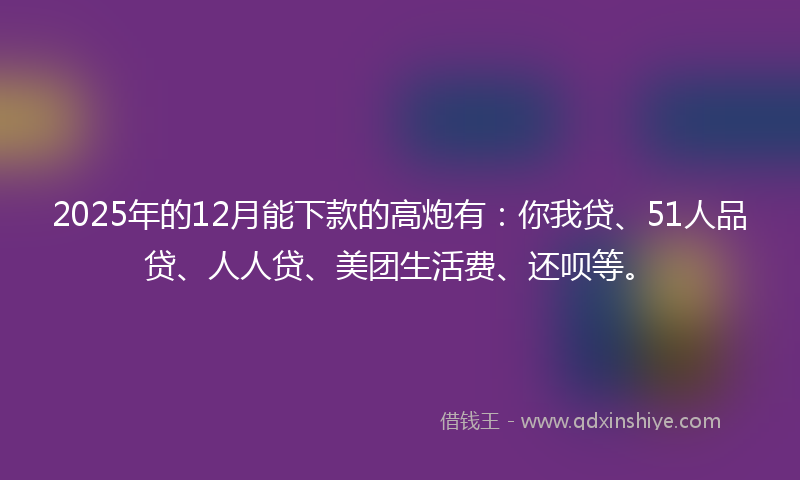 2025年的12月能下款的高炮有：你我贷、51人品贷、人人贷、美团生活费、还呗等。