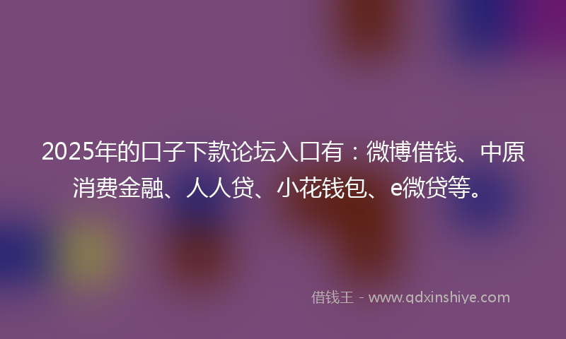 2025年的口子下款论坛入口有：微博借钱、中原消费金融、人人贷、小花钱包、e微贷等。