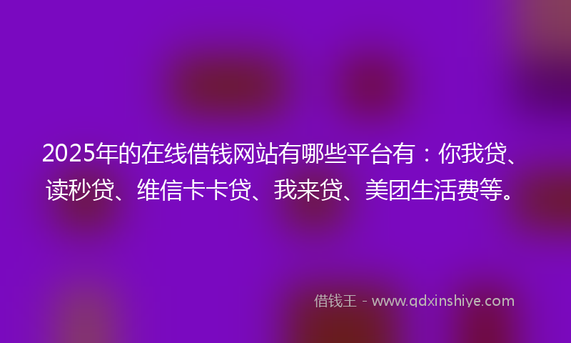 2025年的在线借钱网站有哪些平台有：你我贷、读秒贷、维信卡卡贷、我来贷、美团生活费等。