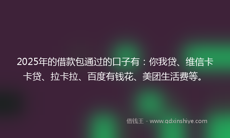2025年的借款包通过的口子有：你我贷、维信卡卡贷、拉卡拉、百度有钱花、美团生活费等。