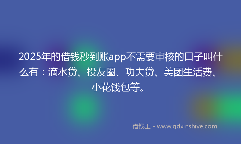 2025年的借钱秒到账app不需要审核的口子叫什么有：滴水贷、投友圈、功夫贷、美团生活费、小花钱包等。