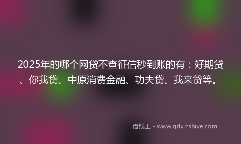 2025年的哪个网贷不查征信秒到账的有：好期贷、你我贷、中原消费金融、功夫贷、我来贷等。