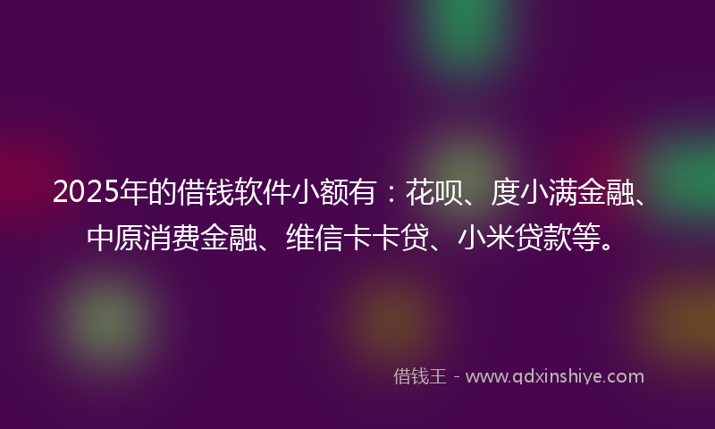 2025年的借钱软件小额有：花呗、度小满金融、中原消费金融、维信卡卡贷、小米贷款等。
