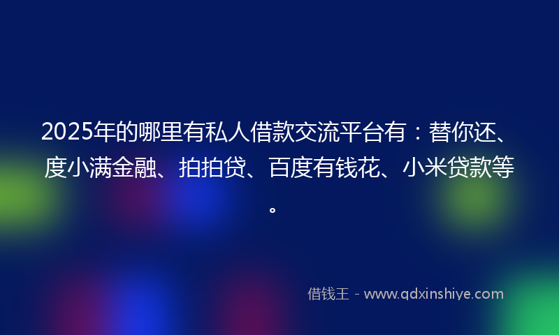 2025年的哪里有私人借款交流平台有：替你还、度小满金融、拍拍贷、百度有钱花、小米贷款等。