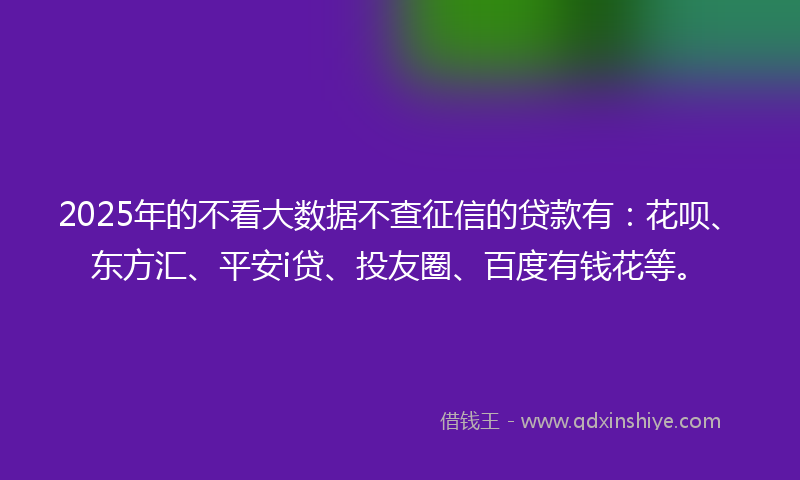 2025年的不看大数据不查征信的贷款有：花呗、东方汇、平安i贷、投友圈、百度有钱花等。