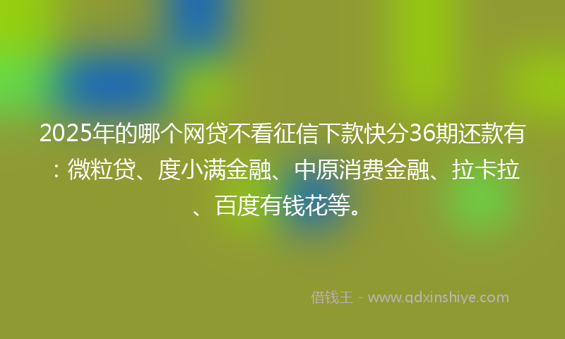2025年的哪个网贷不看征信下款快分36期还款有：微粒贷、度小满金融、中原消费金融、拉卡拉、百度有钱花等。