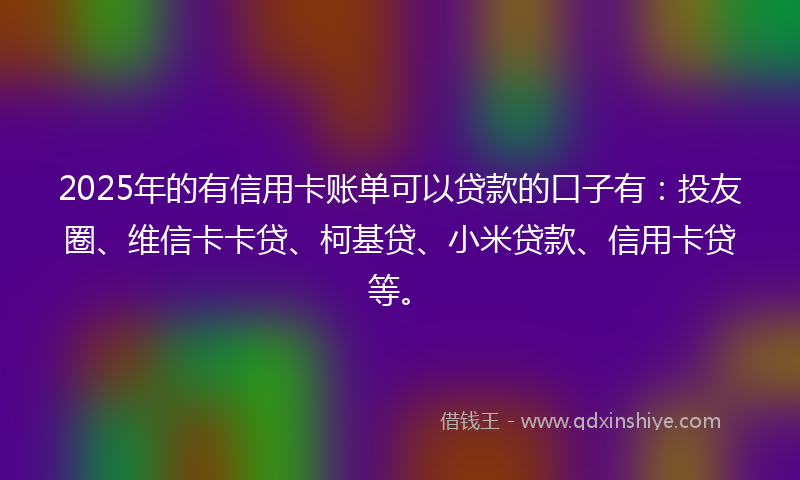 2025年的有信用卡账单可以贷款的口子有：投友圈、维信卡卡贷、柯基贷、小米贷款、信用卡贷等。