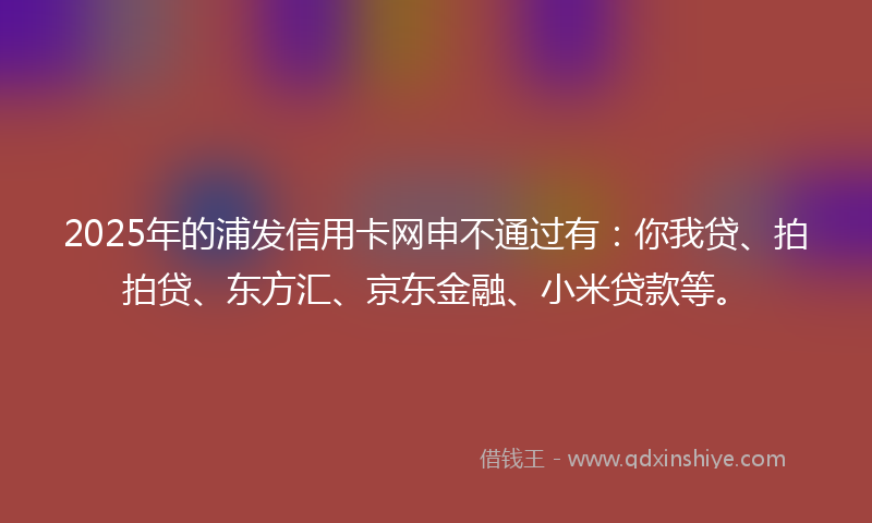 2025年的浦发信用卡网申不通过有：你我贷、拍拍贷、东方汇、京东金融、小米贷款等。
