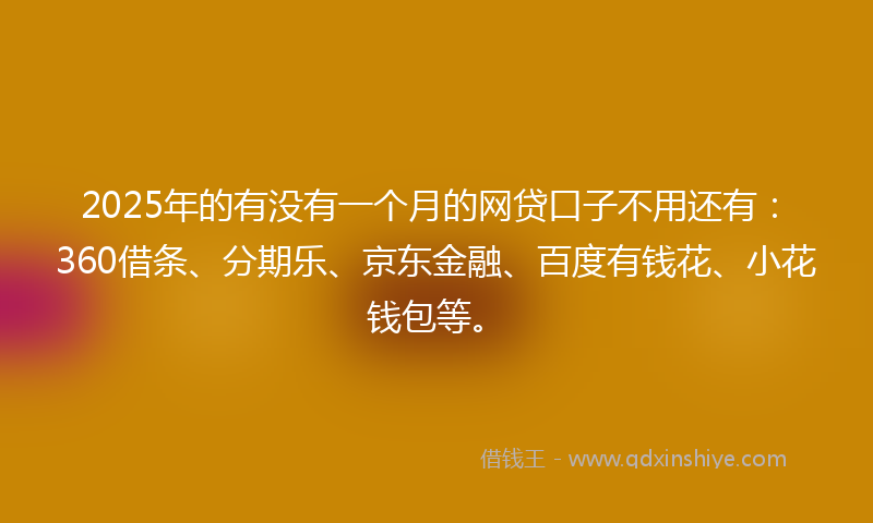 2025年的有没有一个月的网贷口子不用还有：360借条、分期乐、京东金融、百度有钱花、小花钱包等。